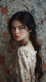 Floral-walled gaze quietly turns a portrait into soft music