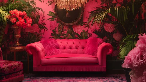 Hot pink velvet sofa anchors lush floral maximalist lounge.