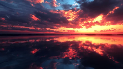 Fiery horizon sky mirrored on glassy twilight lake surface.