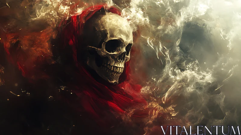 Turbulent spectral skull enveloped in infernal vapor fields.