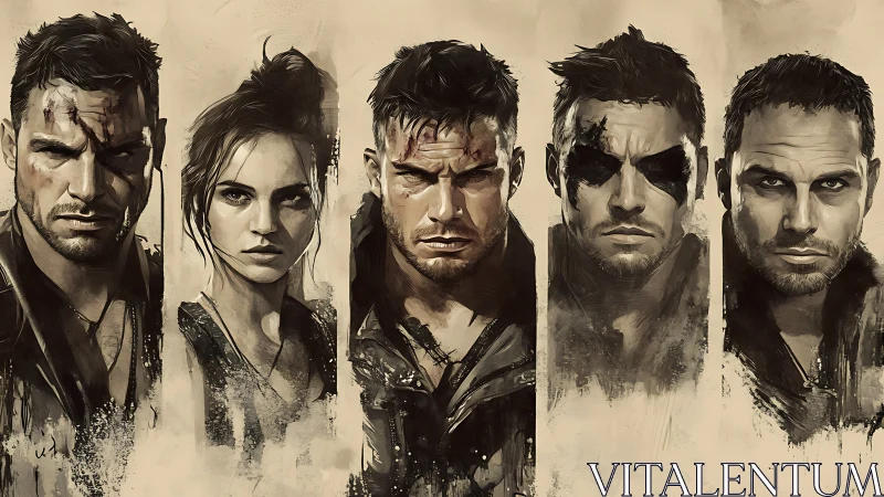 Post-apocalyptic warrior portrait series in sepia ink wash