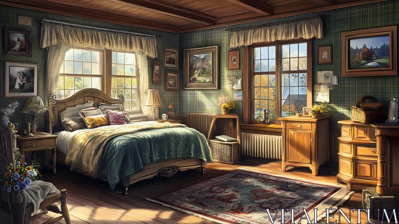 Sunlit country bedroom filled with cozy nostalgic charm.