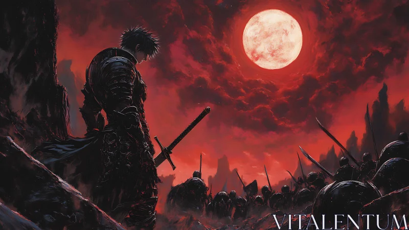 Armored swordsman surveys battlefield under blood-red lunar sky