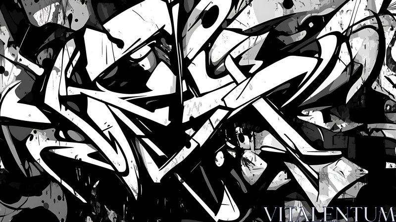 Monochrome abstract graffiti with interlocking angular forms.