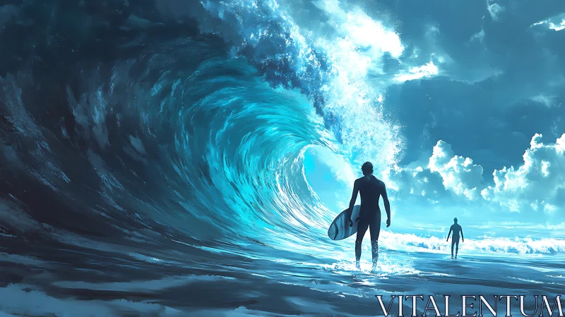 Surfers observe towering blue wave under dramatic sky.