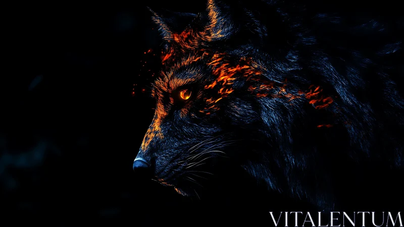 Luminous ember-infused wolf profile rendered in high contrast