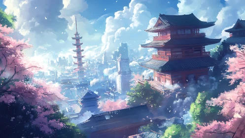 Futuristic cityscape framed by cherry blossoms and pagodas.