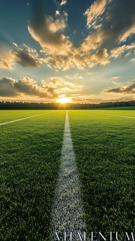 Golden sunset over a quiet green sports field landscape.