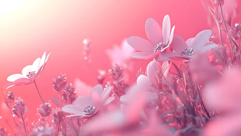 Digital Cosmos Flowers: Soft-Focus Pink Botanical Composition with Depth of Field