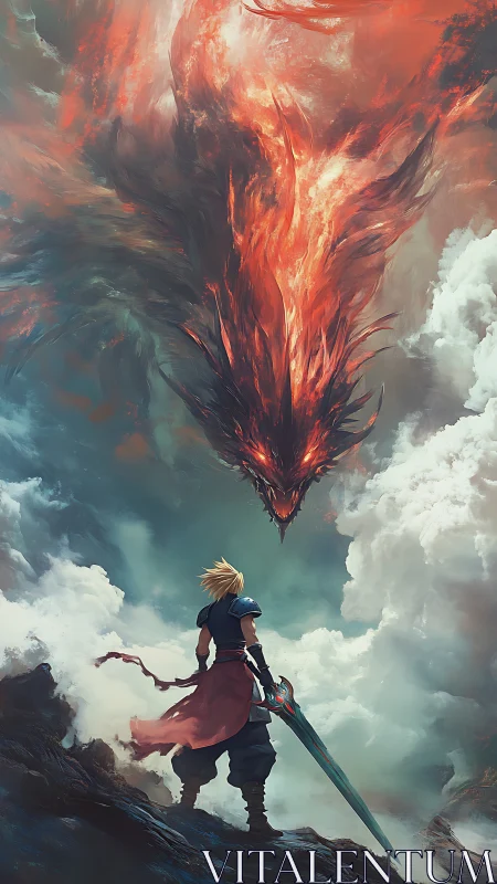 Solitary swordsman observing fiery dragon-shaped cloud.