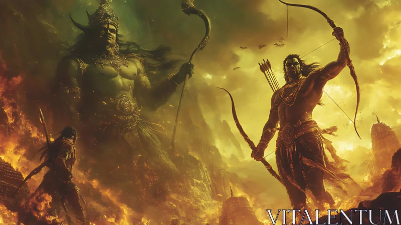 Mythic warrior archer in burning landscape with giant spirit.