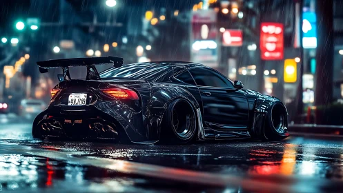 Widebody tuner car idles under neon lights in rain-soaked city