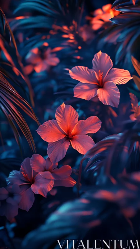 Neon Hibiscus Blooms Glow Against Deep Blue Tropical Nights