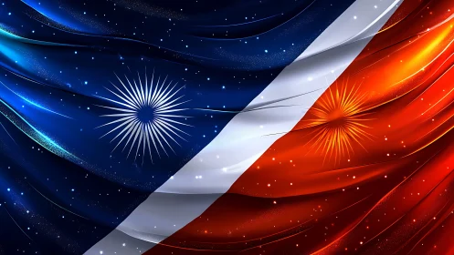 Cosmic blue and red flag ripples with radiant starbursts.