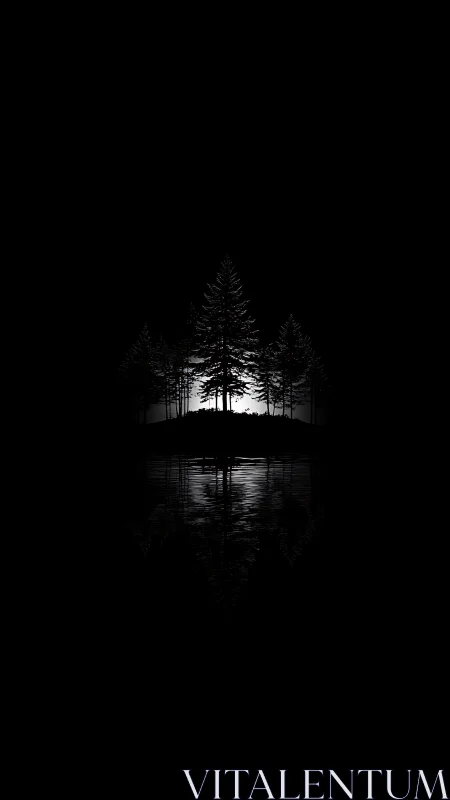 Silhouetted conifer trees form a central axis over still water