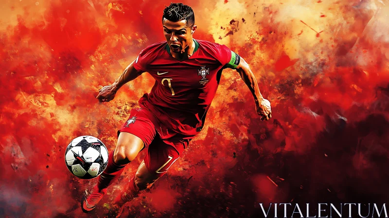 Explosive digital portrait of soccer forward in red kit.