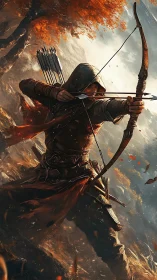 Hooded archer draws bow in autumn battlefield environment