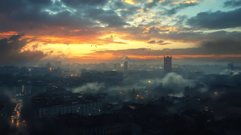 Atmospheric urban skyline under volumetric dusk illumination.