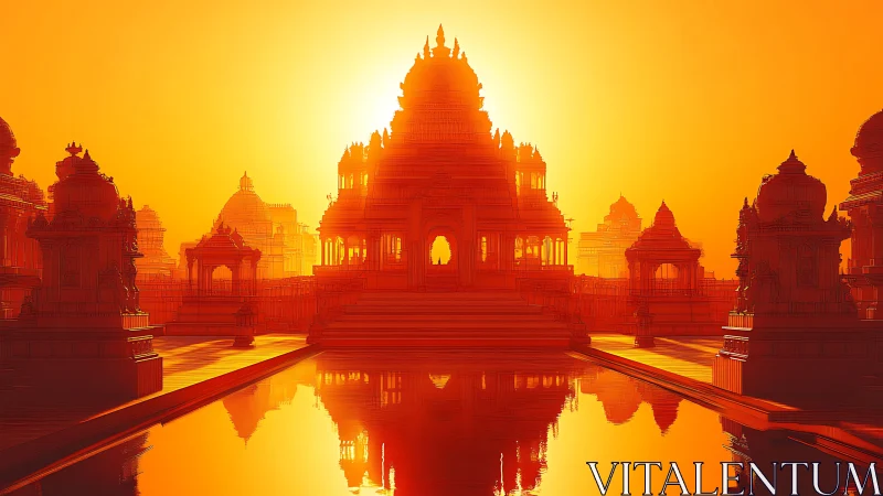 Sunlit temple complex over reflective water at sunset.