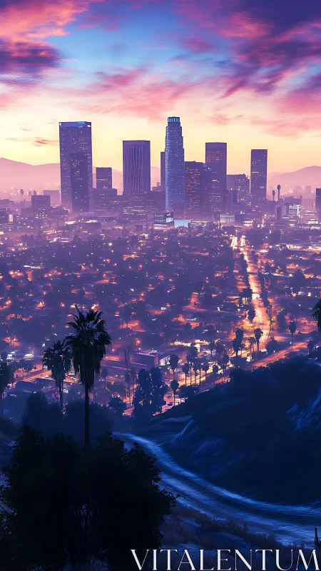 Digital painting of neon dusk skyline with layered city grid.