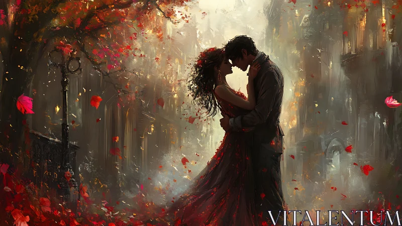 Romantic Urban Couple Embracing in Autumn Cityscape.