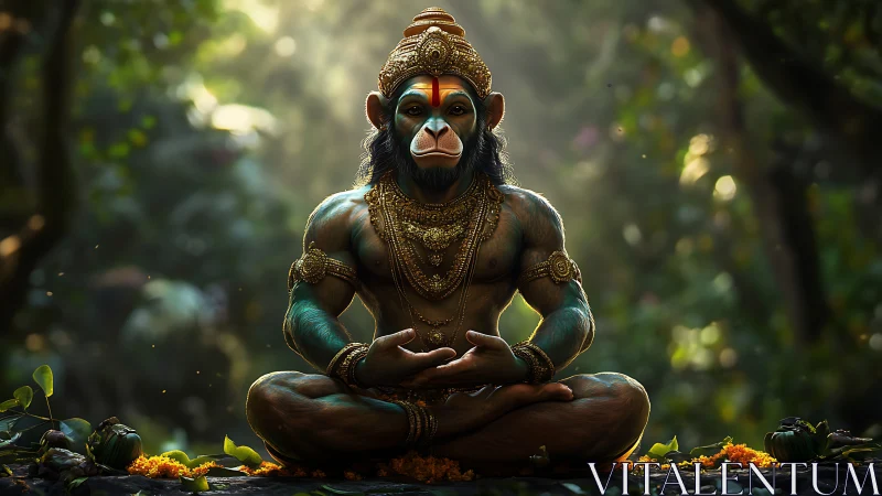 Divine simian yogi meditates in luminous jungle sanctuary.