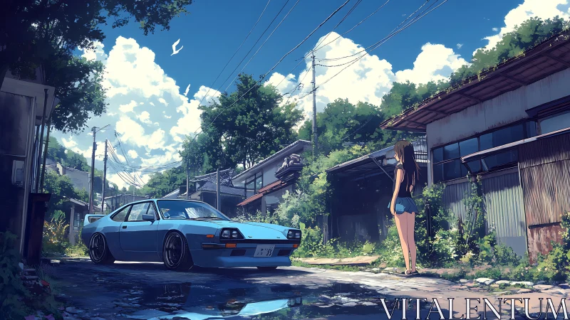 Summer street scene with blue sports car and waiting girl.