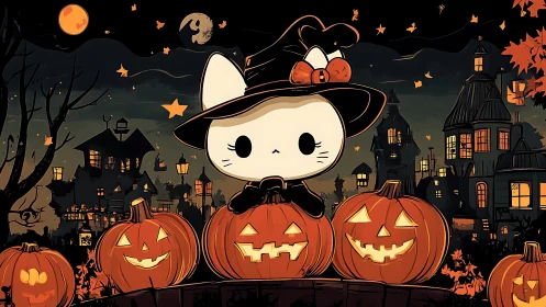 Cute cat character in witch hat standing on jack-o-lanterns with haunted houses