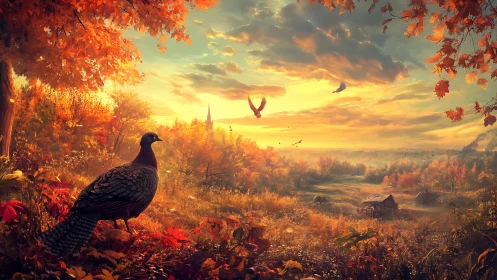 Autumn pheasant watches a golden valley ignite at sunset.