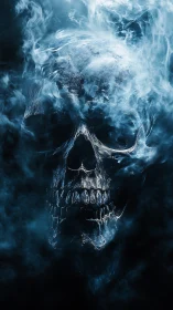 Volumetric smoke-formed skull with high-contrast blue spectral lighting
