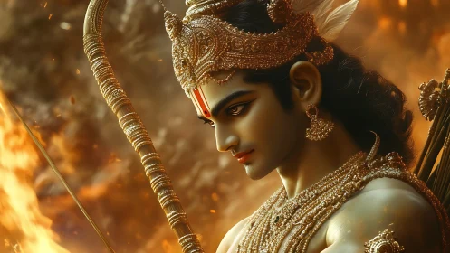 Mythic archer in ornate gold armor against fiery backdrop.