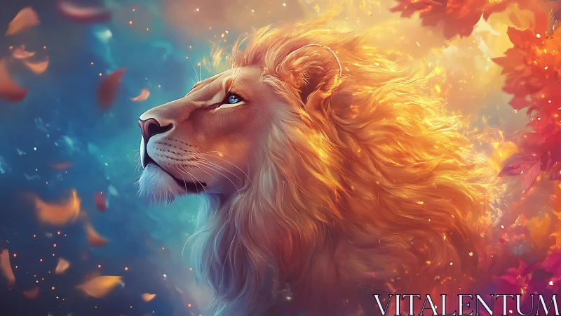 Profile view of digital lion illustration with warm mane.