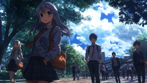 Group of uniformed students walking on tree-lined campus path.