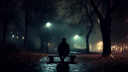 Silhouette sits on park bench under misty night streetlights