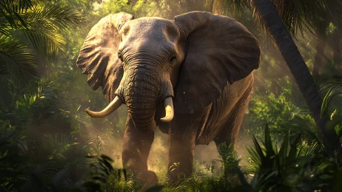 Majestic elephant strides through sunlit jungle foliage