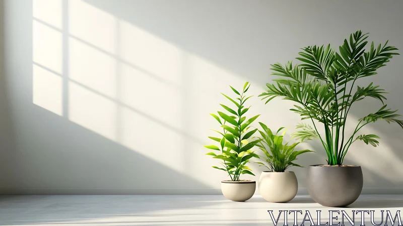 Potted indoor plants aligned against sunlit wall.