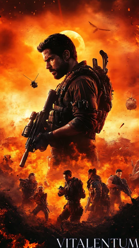 Soldier in inferno-lit warzone with blazing eclipse sky.