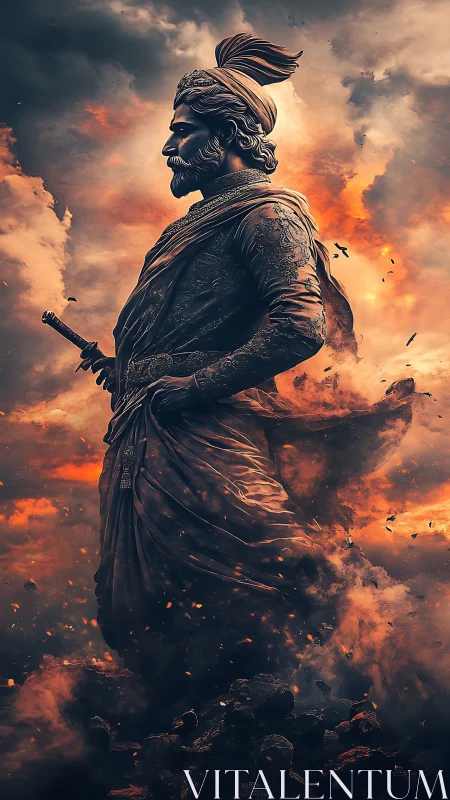 Warrior statue dissolves into fiery atmospheric vortex