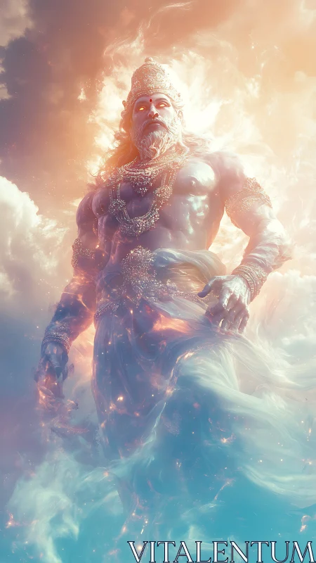 Radiant celestial guardian rising from glowing swirling clouds.