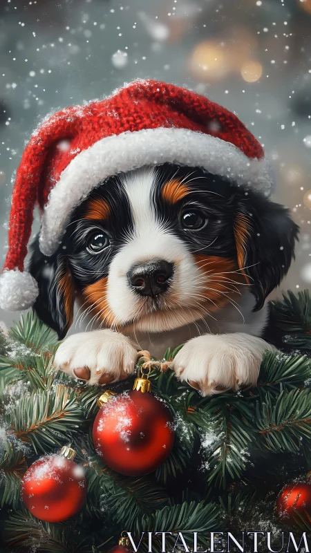 Puppy in Santa hat rests on ornamented conifer branches