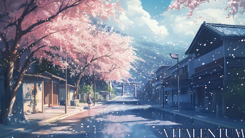 Cherry-lined street in quiet town under clear blue sky.