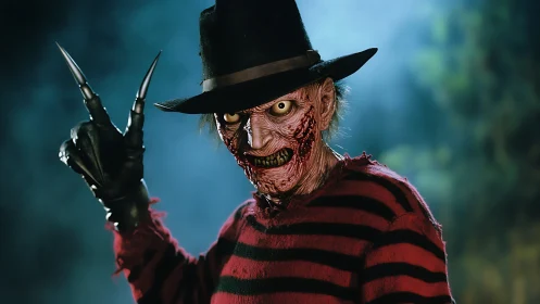 Grotesque clawed figure in striped sweater poses at night