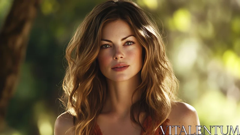 Sunlit portrait of a woman in a softly glowing garden.