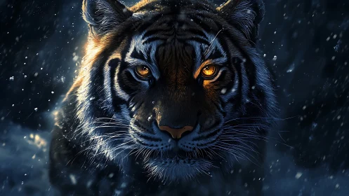 Tiger head fills frame with glowing eyes in snowy darkness