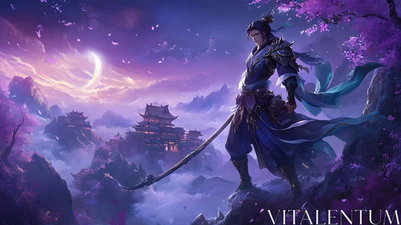 Moonlit wuxia swordsman above misty mountain temple valley