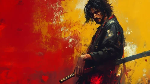 Solitary swordsman stands brooding against blazing colors