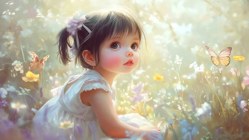 Young Child in Wildflower Garden with Butterflies.