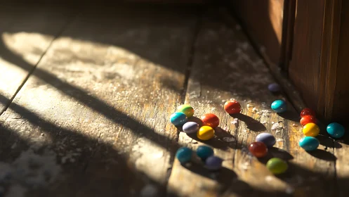 Hard sunlight sculpts colorful candies on distressed floorboards
