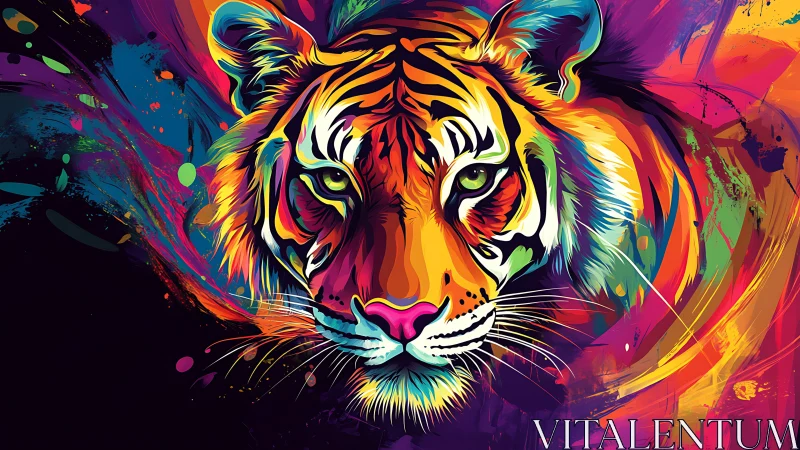 Multicolor tiger portrait with abstract paint splash background.