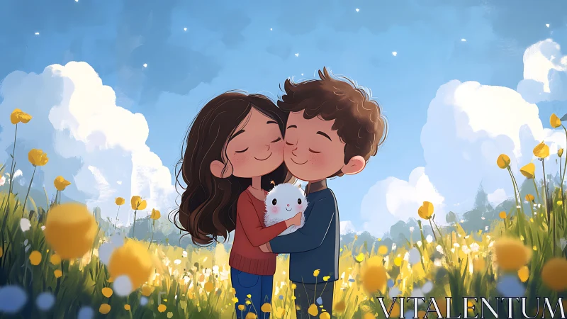 Young couple embracing with baby in yellow wildflower field